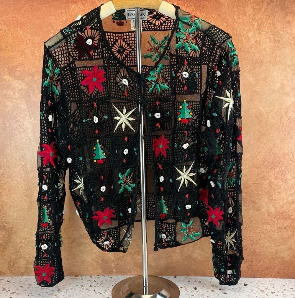 Jenni Max NYC Vintage Christmas Knit Cardigan Sweater floral Trees sz L